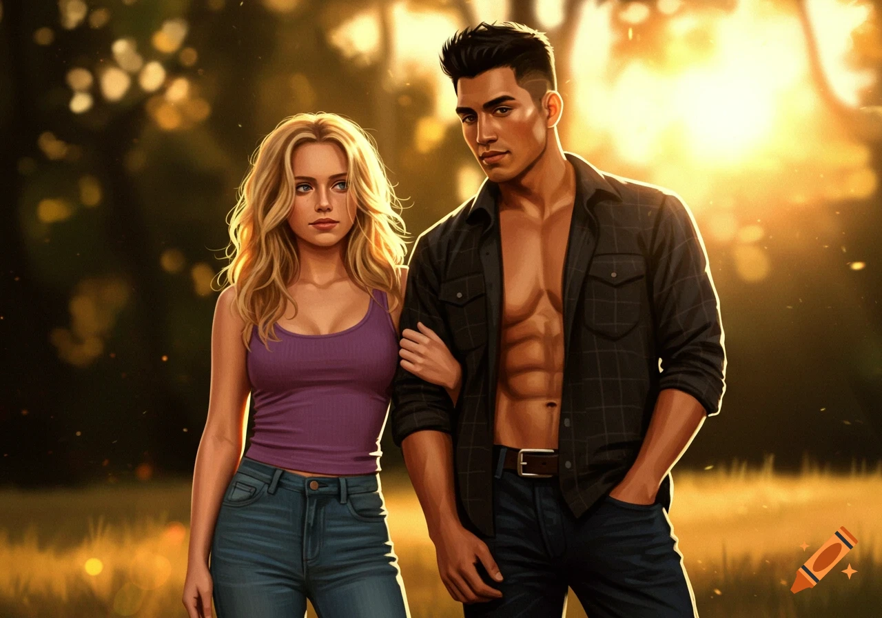 Digital illustration of a blonde woman and a man with an open shirt standing in golden sunset light.