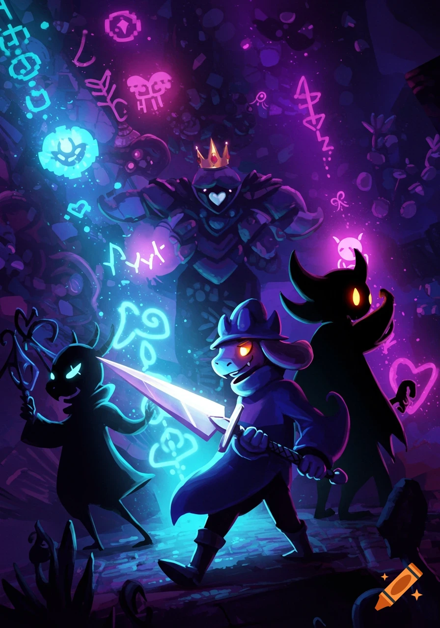 A goat-like character with a glowing sword leads two dark, shadowy figures through a dark landscape filled with glowing blue and pink magic runes, with a large armored figure in the background.