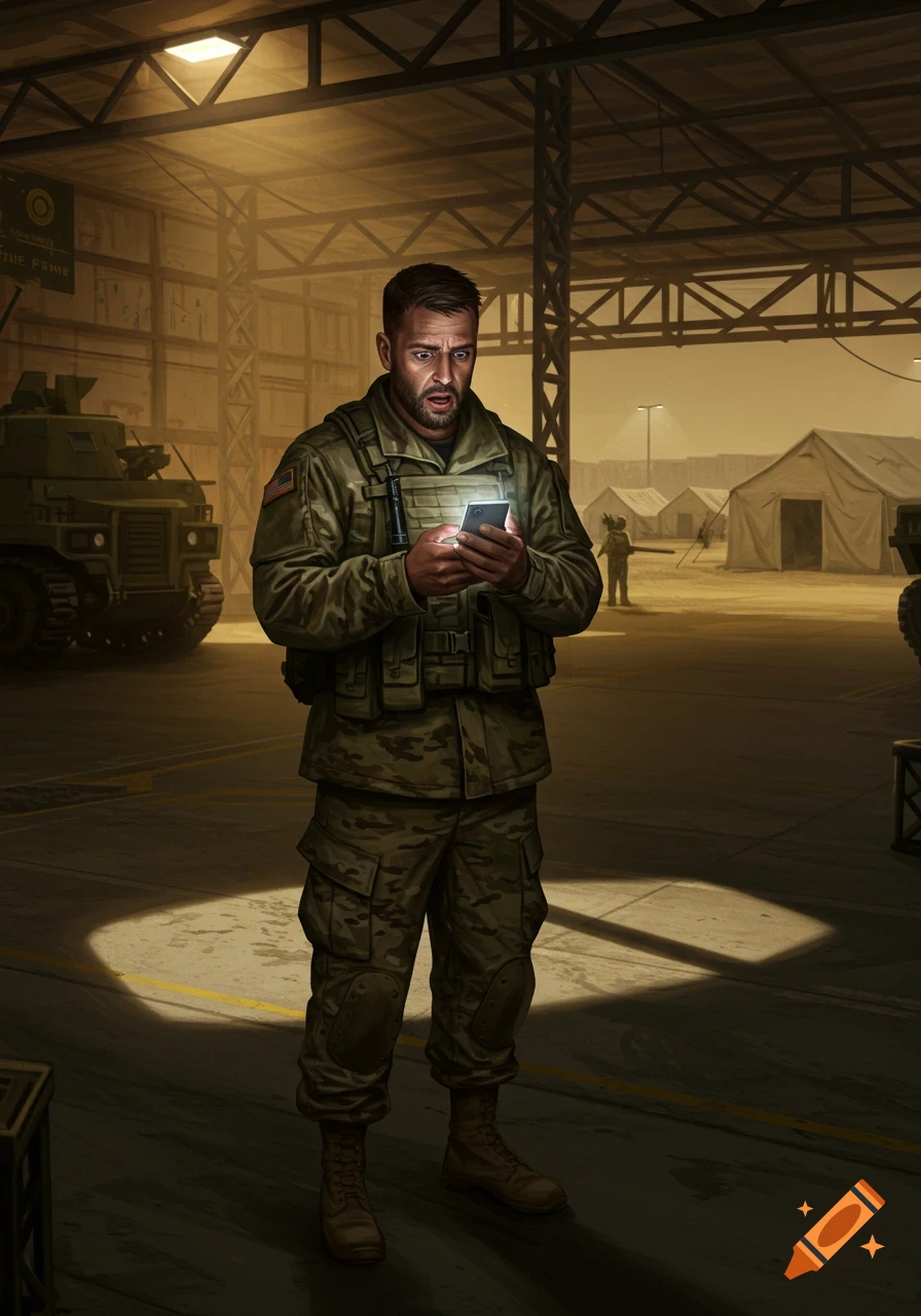 A shocked military soldier in camouflage stands in a dimly lit hangar, looking at a glowing smartphone.