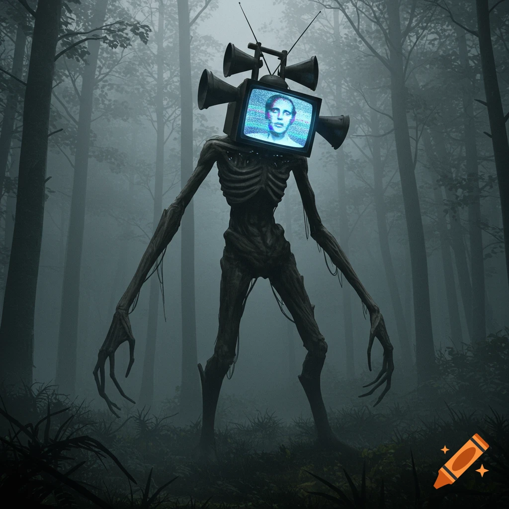 A tall, skeletal monster with a TV and siren speakers as a head stands in a dark, foggy forest.