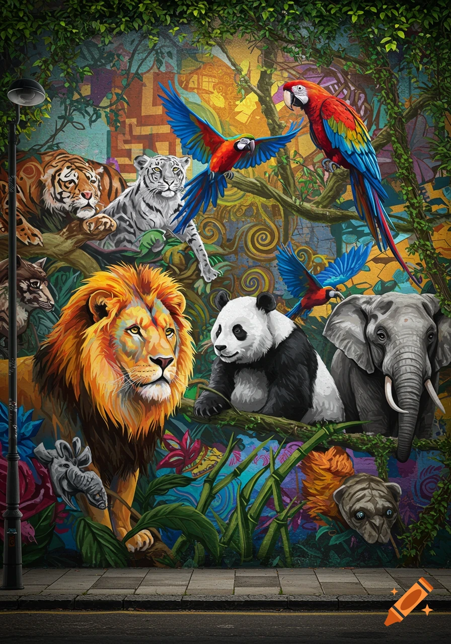 Vibrant mural featuring a lion, panda, elephant, tigers, and parrots in a jungle setting on a city wall with a lamppost and sidewalk.