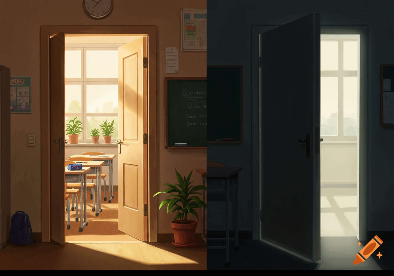 Anime illustration of two classrooms, split down the middle; one bright with an open door to a sunny window, the other dark with a slightly ajar door.