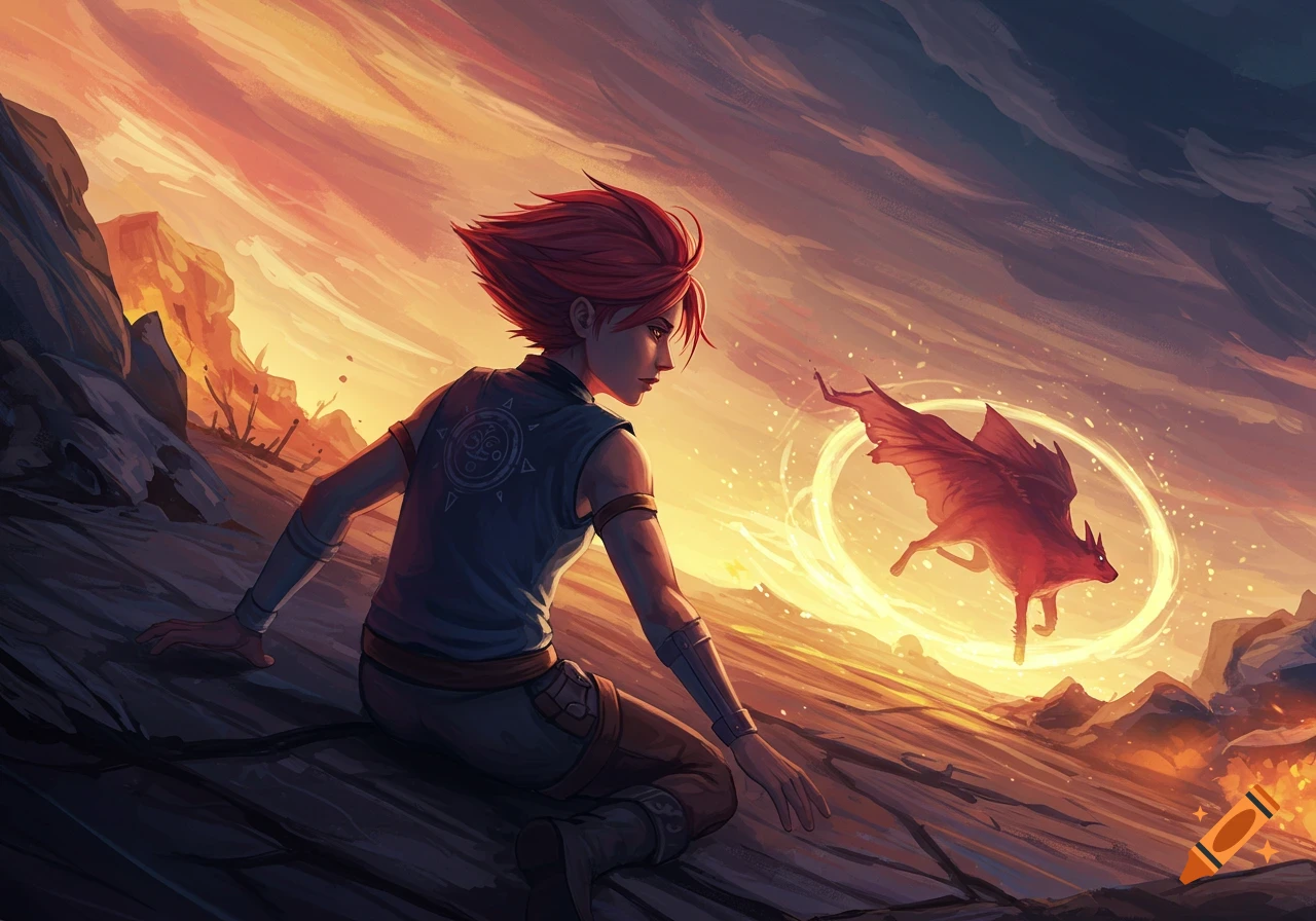 A red-haired person sits on rocky ground, looking at a winged, fox-like creature illuminated by a glowing ring against a vibrant sunset sky.