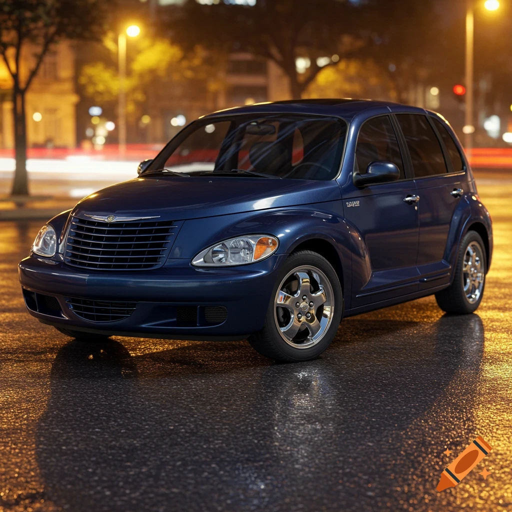 A dark blue Chrysler PT Cruiser sedan parked on a wet city street at night, reflecting bright streetlights.