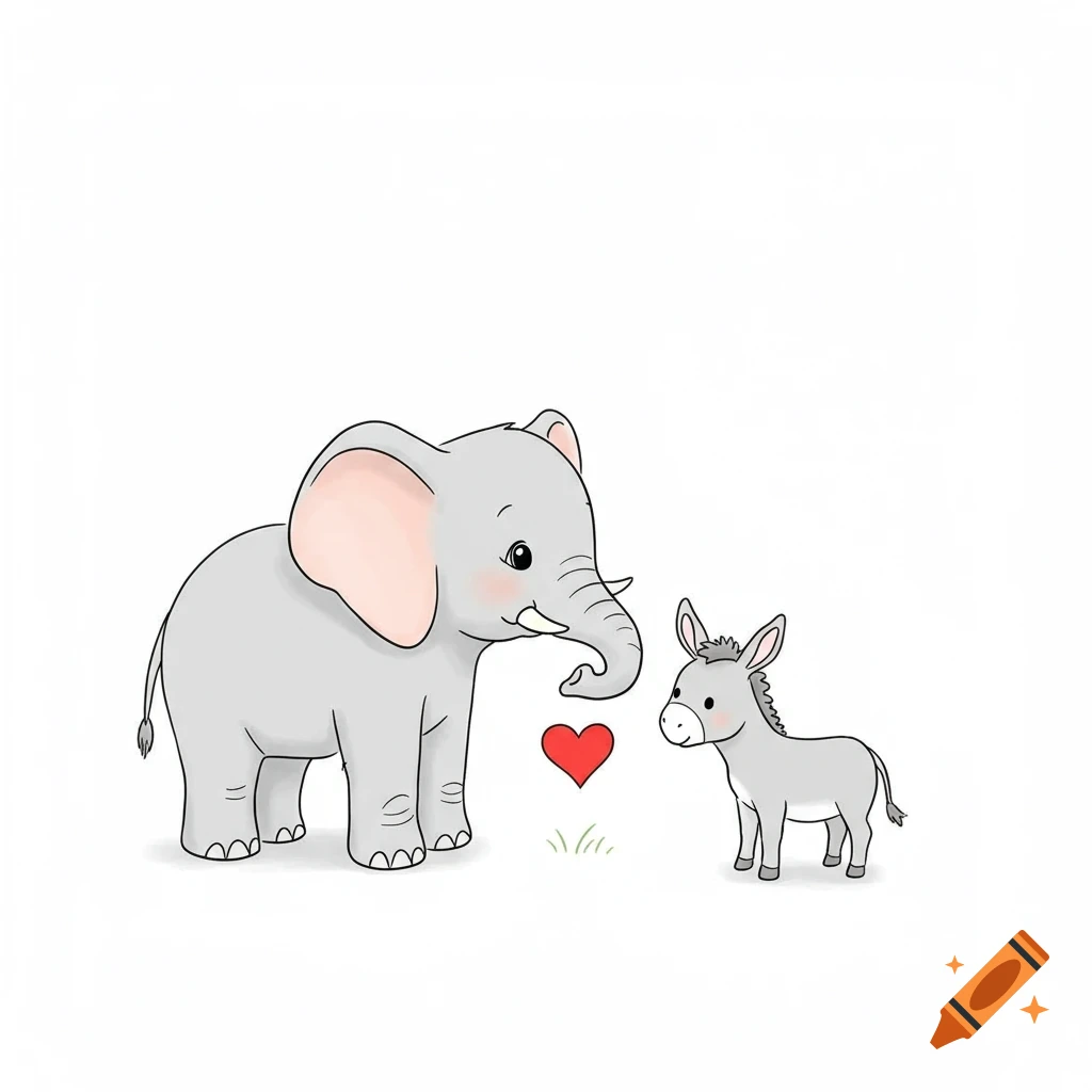 Cute simple line drawing of a grey elephant offering a red heart to a small grey donkey.