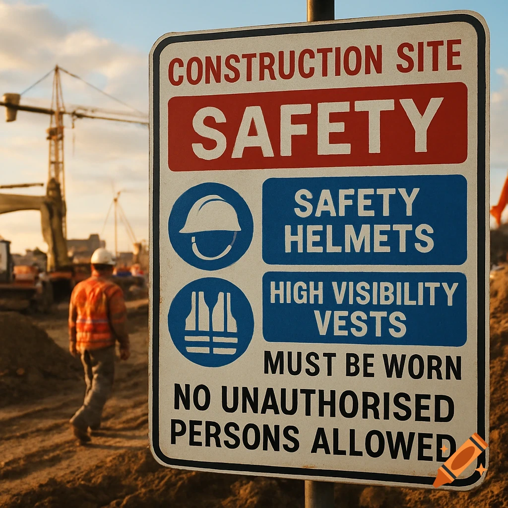 A close-up of a construction site safety sign, with a worker in a hard hat and high-visibility vest walking in the background.