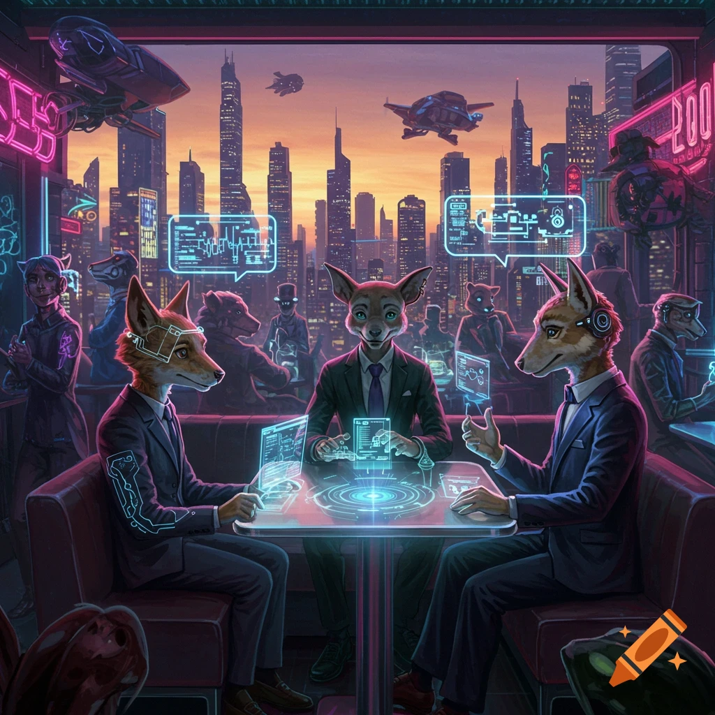 Three anthropomorphic foxes in suits sit at a holographic table in a neon-lit cyberpunk city with flying vehicles.