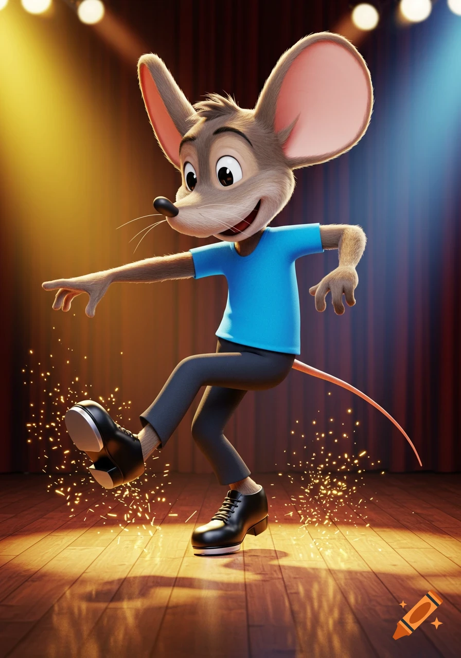 An anthropomorphic cartoon mouse in a blue t-shirt and tap shoes tap dances on a spotlighted wooden stage.