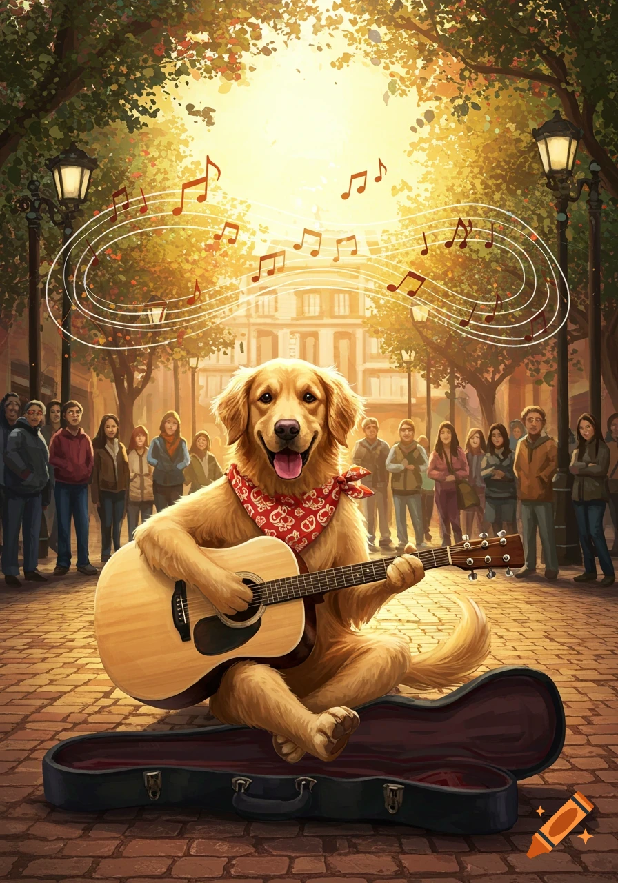 A happy golden retriever wearing a red bandana plays an acoustic guitar on a sunny cobblestone street, with musical notes floating around and an audience watching.