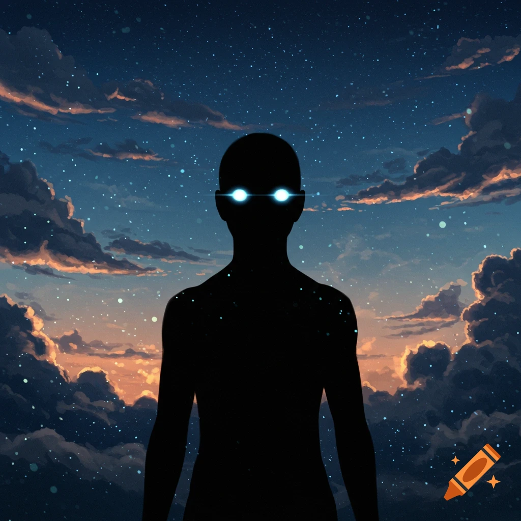 Dark silhouette with glowing blue eyes against a starry night sky with colorful clouds.
