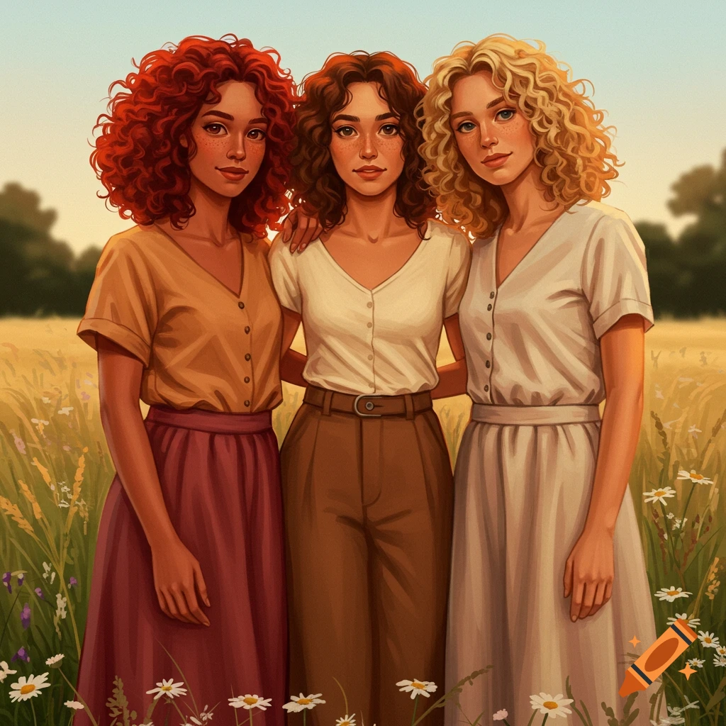 Three young women with curly red, brown, and blonde hair stand arm-in-arm in a sunny wildflower field, an illustration.