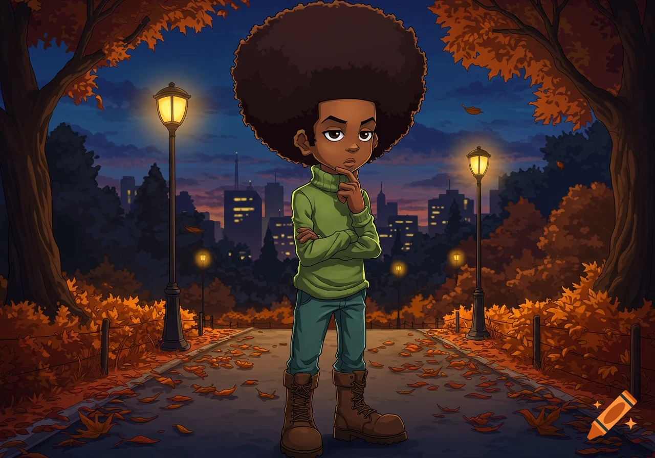 A cartoon boy with a large afro, green turtleneck, and jeans stands in an autumn park at dusk, with a city skyline in the background.