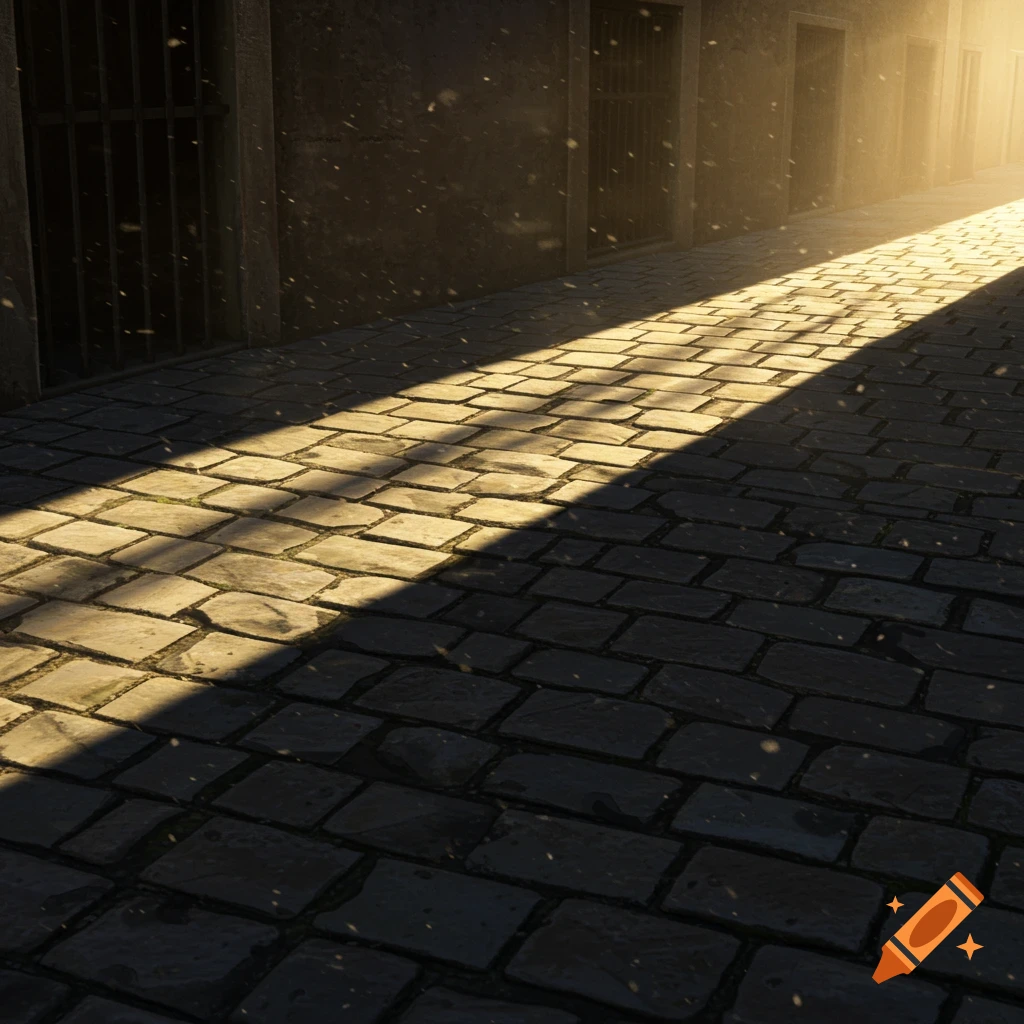 Golden sunlight illuminates a narrow cobblestone alleyway between dark buildings, creating strong shadows.