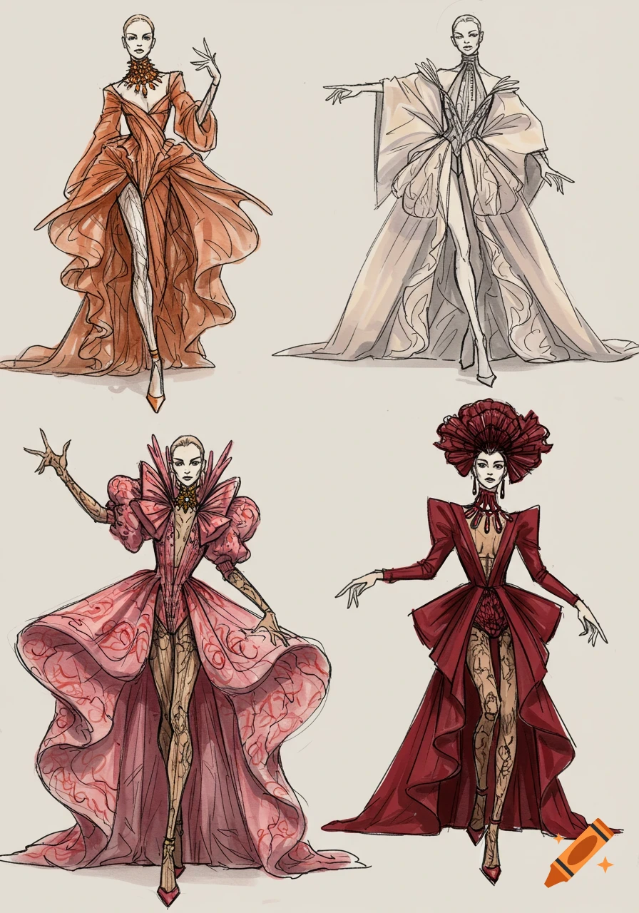 Four hand-drawn fashion sketches of models in elaborate haute couture gowns with dramatic fabric and architectural details.
