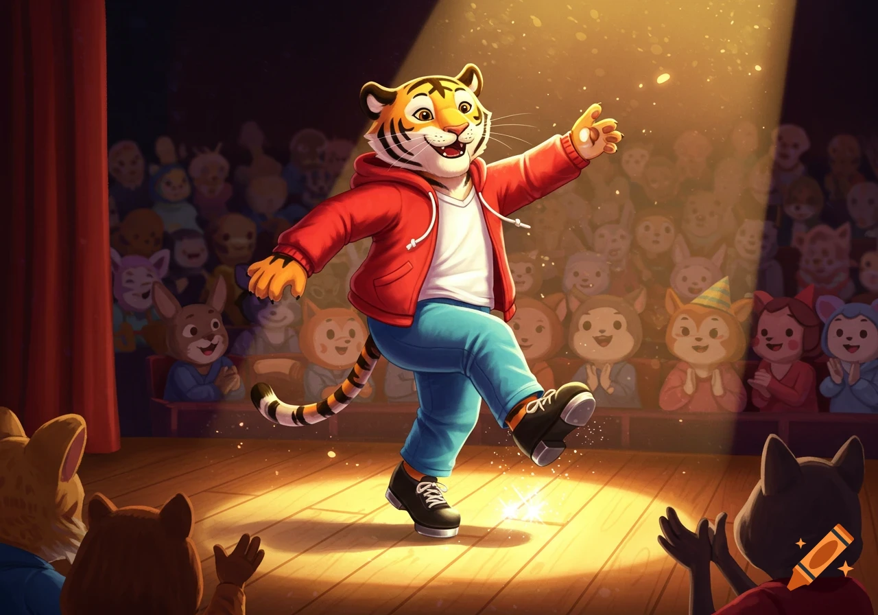 A friendly cartoon tiger in a red hoodie and blue pants tap dancing on a spotlighted stage in front of an animal audience.