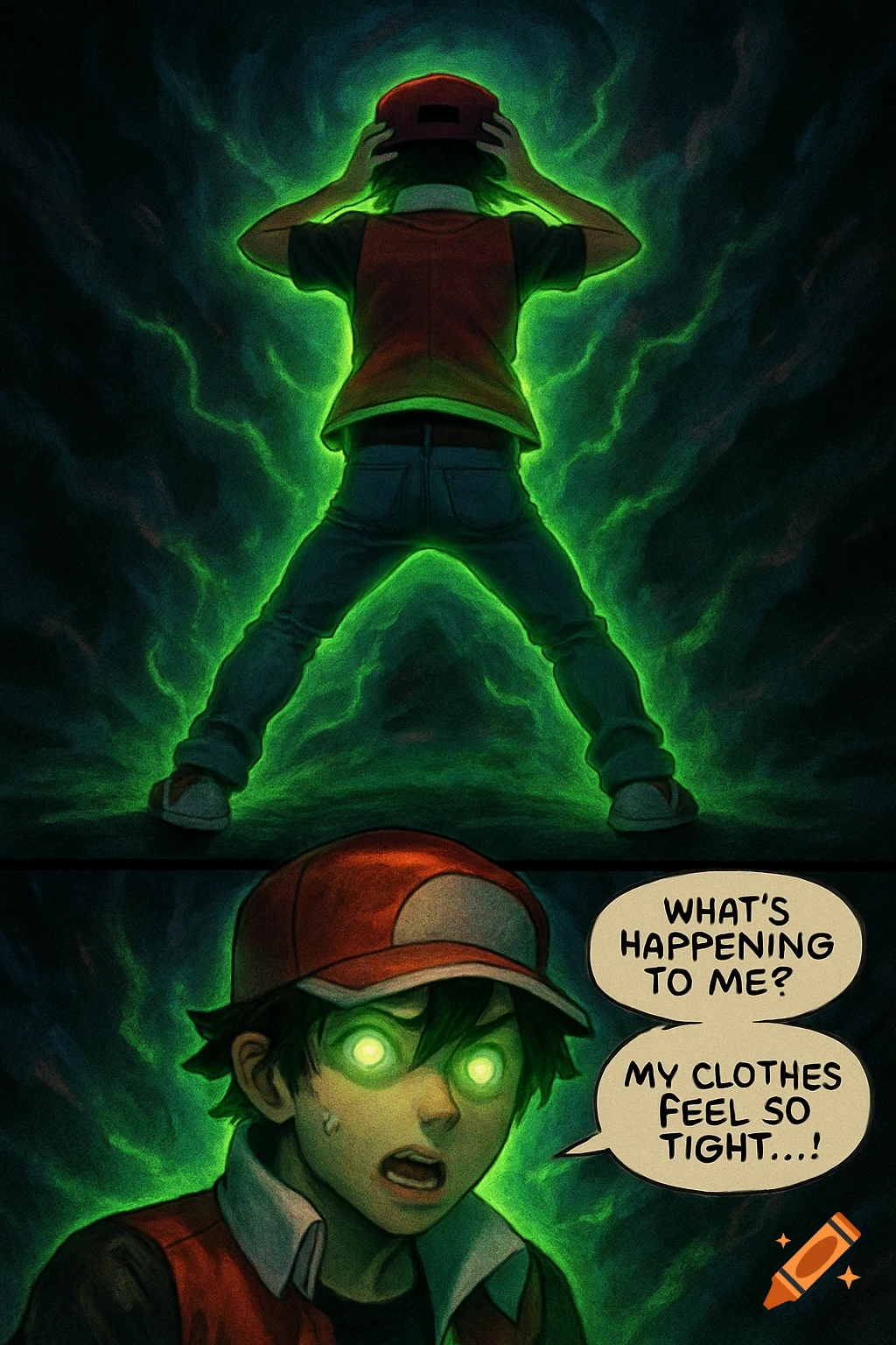 A two-panel anime illustration shows Pokemon trainer Red glowing green, his eyes wide with shock, asking what's happening.
