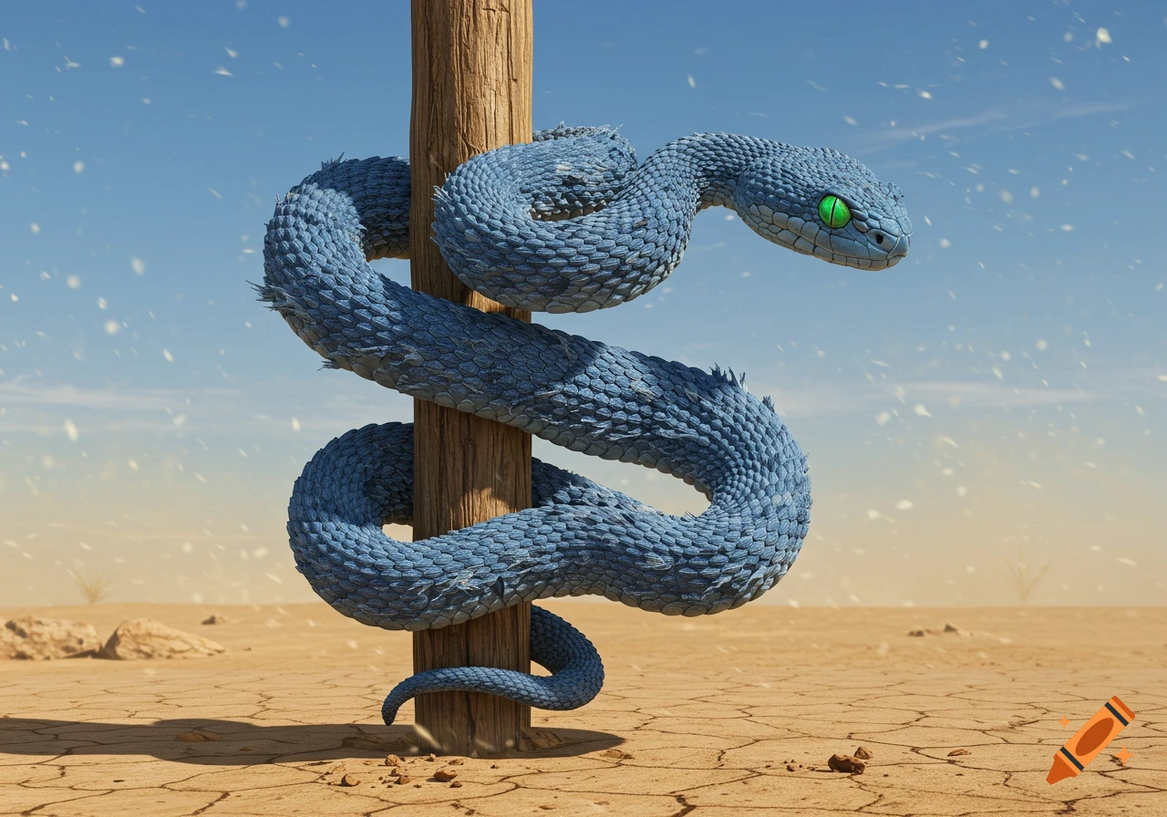 A photorealistic blue snake with bright green eyes wrapped around a wooden pole in a dry, cracked desert landscape.