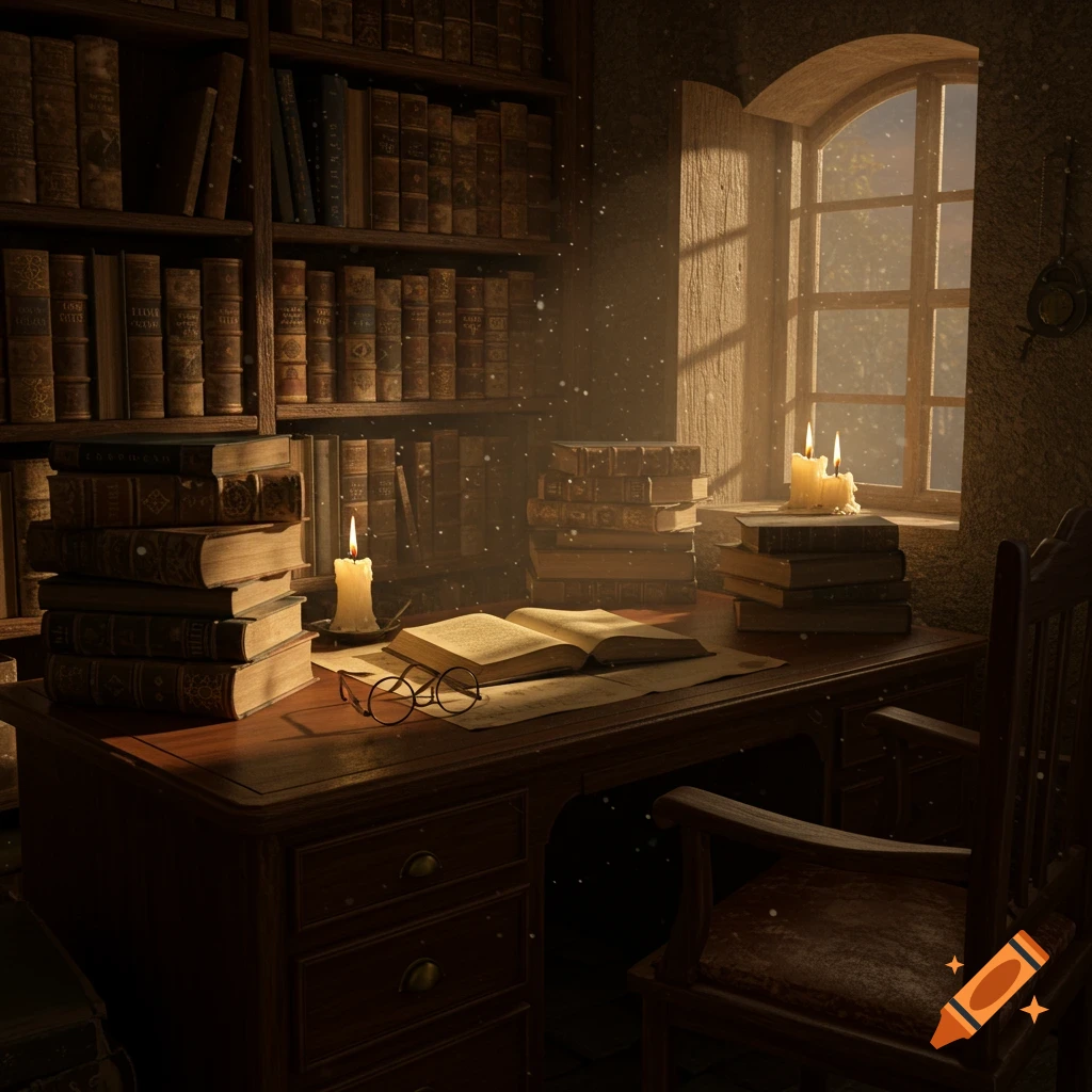 A cozy, dimly lit study with a wooden desk, open book, reading glasses, and candles, surrounded by bookshelves and a sunlit window.