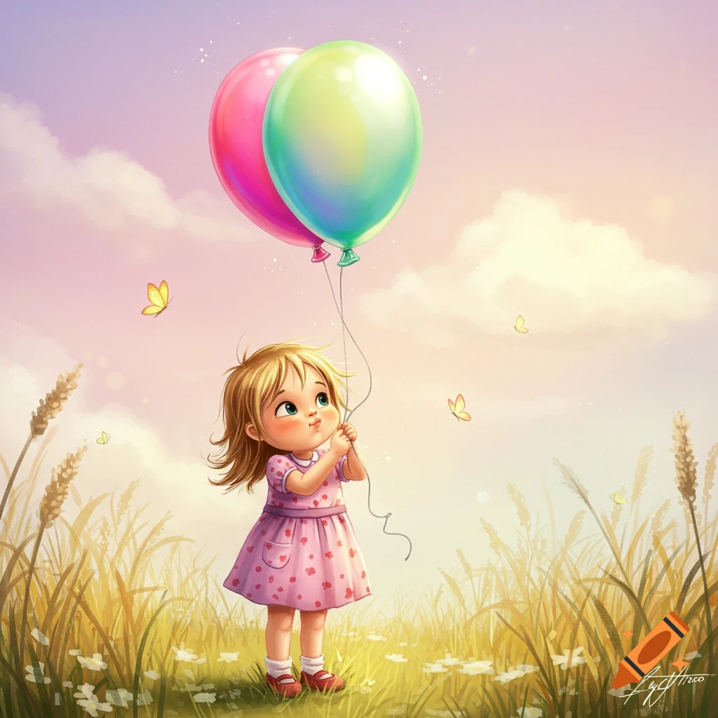 Cartoon little girl with blonde hair and a pink dress holding two colorful balloons in a sunny field with butterflies.