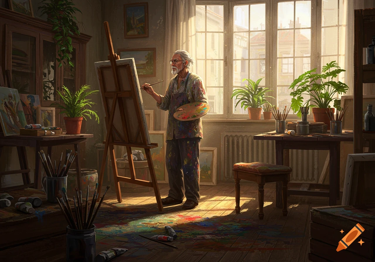 An elderly artist with a white beard paints on an easel in a sunlit studio filled with plants and art supplies.