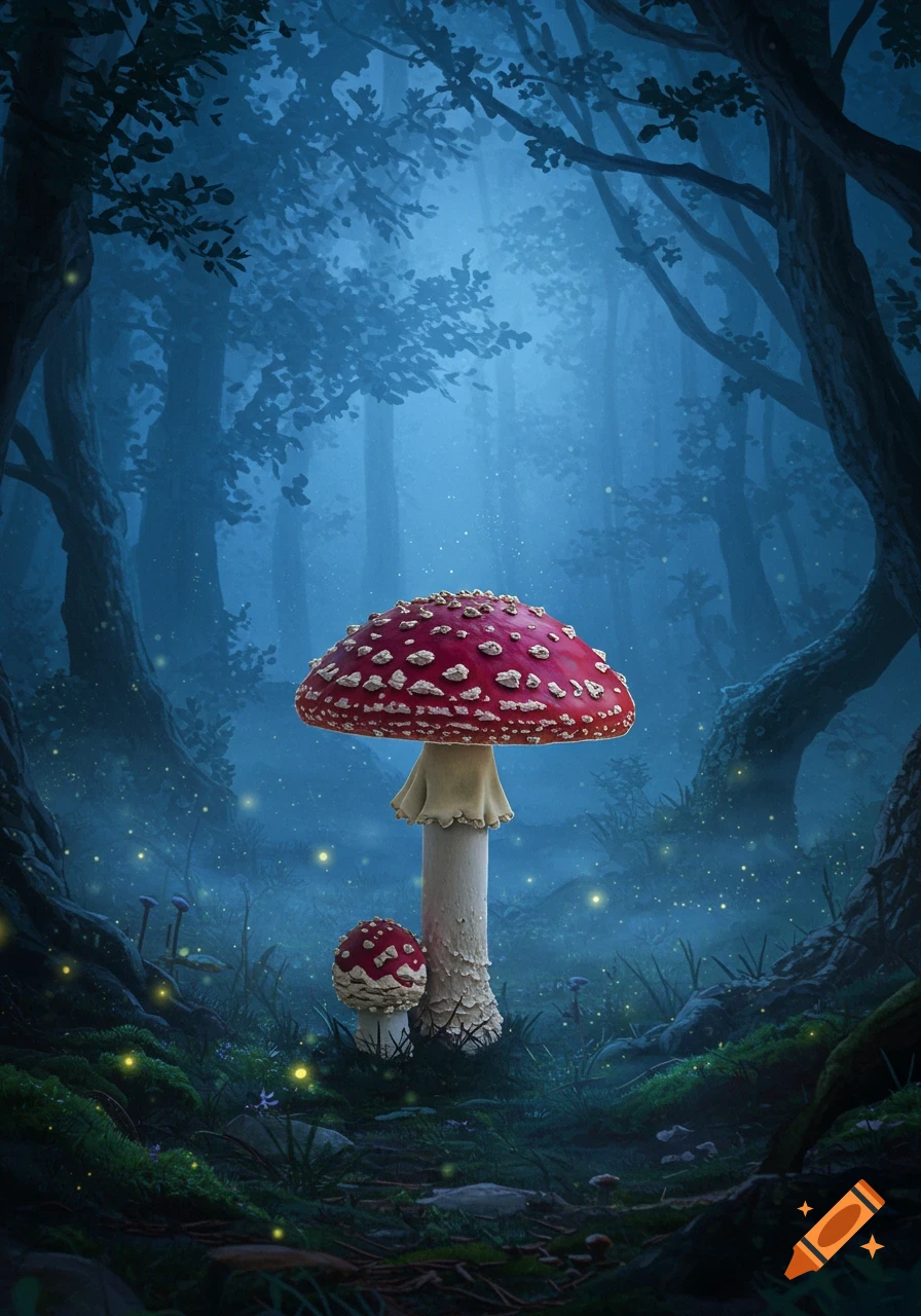 A vibrant red and white Amanita Muscaria mushroom stands tall in a mystical, misty forest with glowing fireflies.
