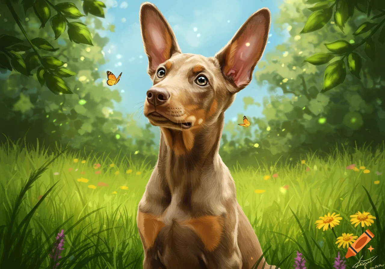 A tan Doberman puppy with large ears looks up at a butterfly in a vibrant green meadow filled with flowers, in a digital painting style.