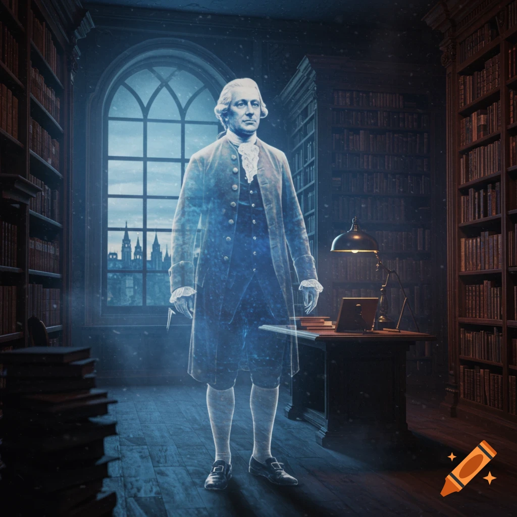A translucent, glowing ghost figure of a historical man in 18th-century attire stands in a dim, grand library.