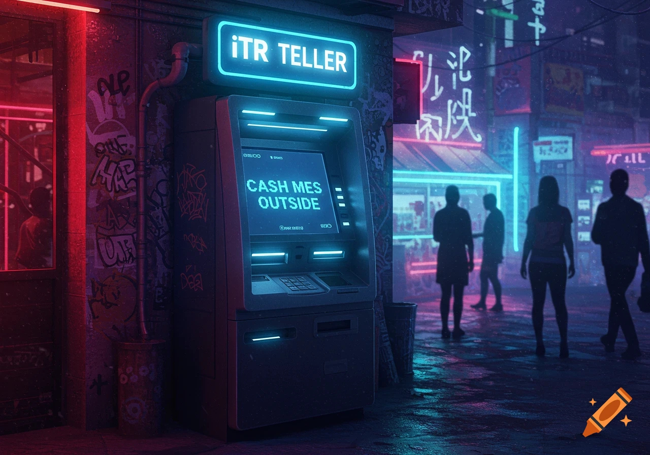 A cyberpunk street scene at night with an illuminated ATM, graffiti, and blurred silhouettes of people under neon lights.