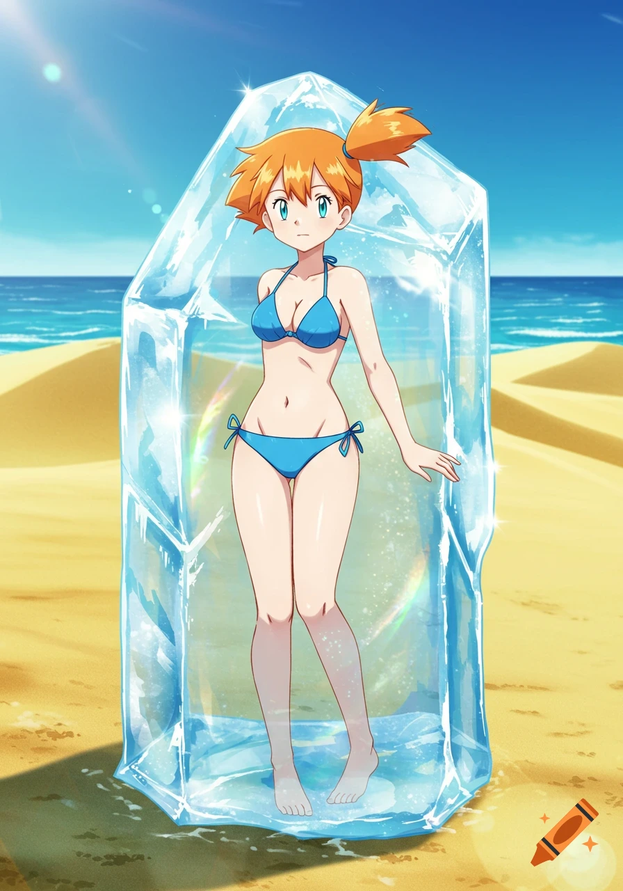 Anime rendering of Misty from Pok emon, wearing a blue bikini, frozen in a block of ice on a sunny beach.