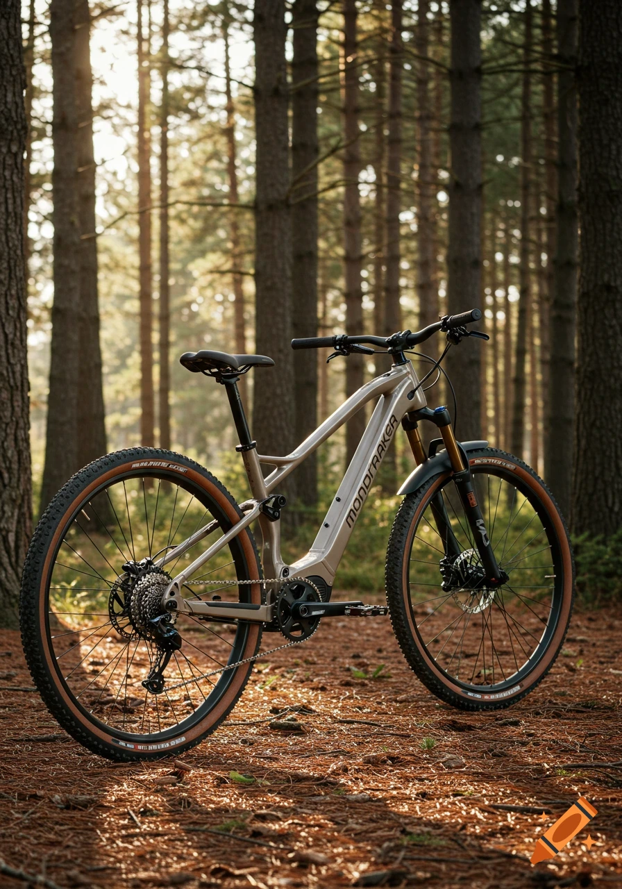 A light brown Mondraker mountain bike with tan sidewall tires stands on a pine needle-covered forest floor, with tall trees and dappled sunlight.