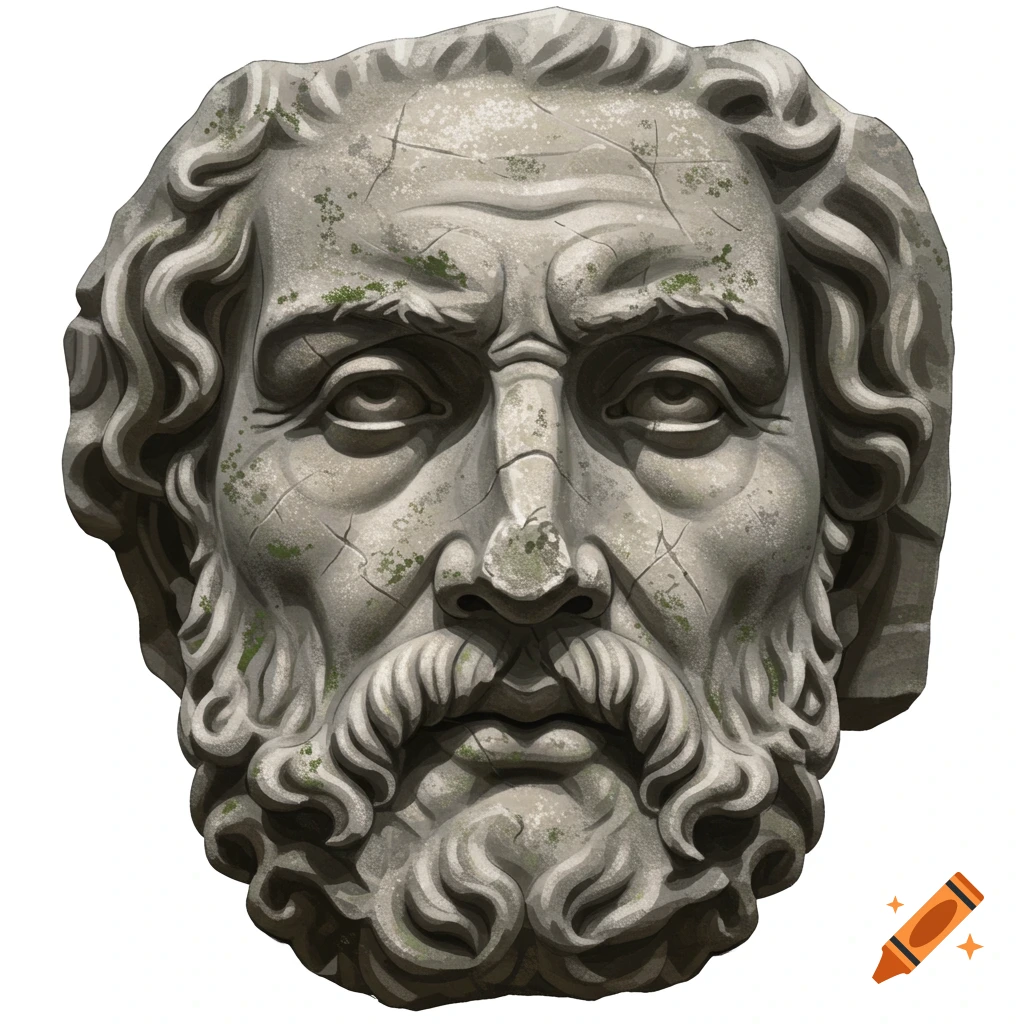 Detailed front view of a weathered, moss-covered stone bust of an ancient bearded man with a stern expression.