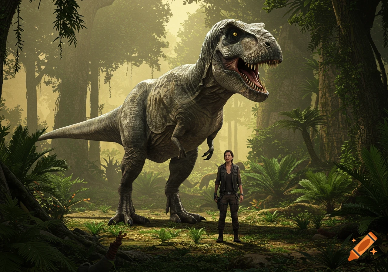 A photorealistic image of a woman standing in a lush jungle with a large, roaring Tyrannosaurus Rex.