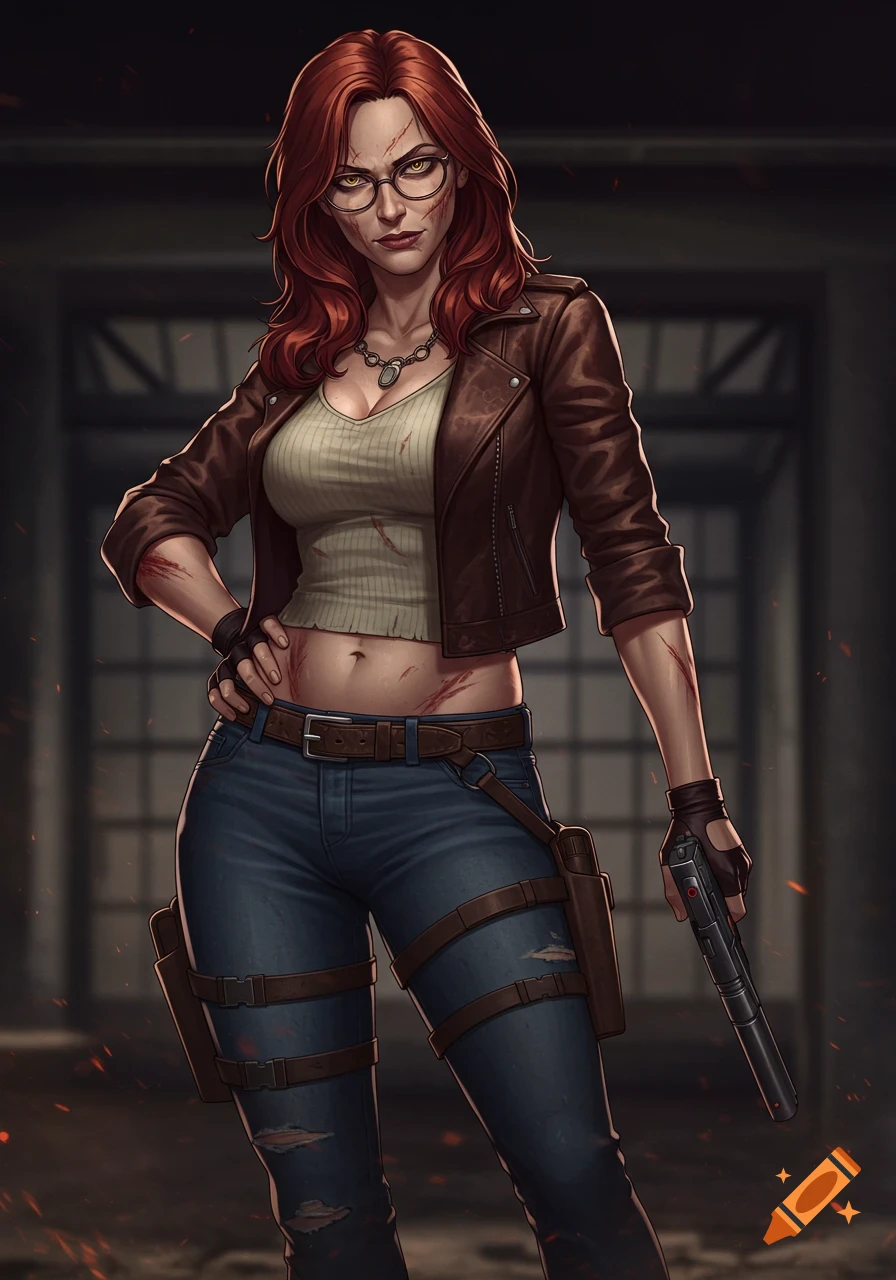 A scarred, red-haired woman in glasses, a leather jacket, crop top, and jeans, holds a gun in a semi-realistic, detailed art style.