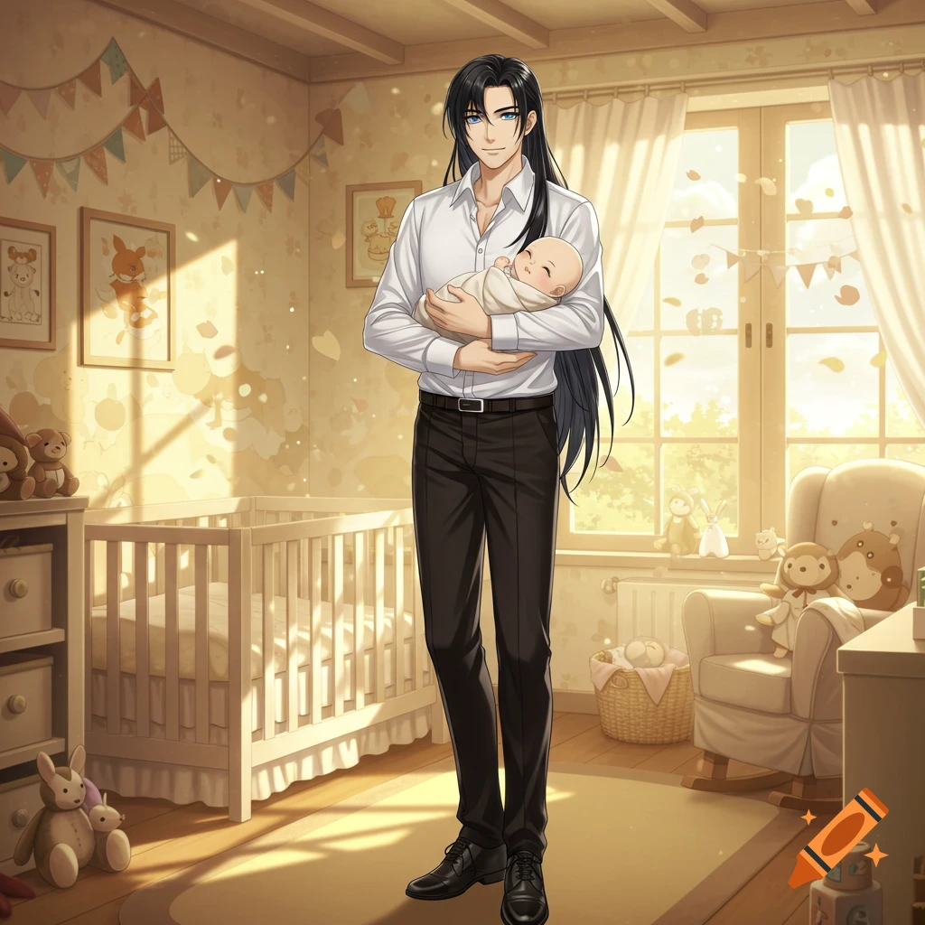 An anime man with long black hair and blue eyes, in a white shirt and black trousers, gently holds a swaddled baby in a sunlit nursery.
