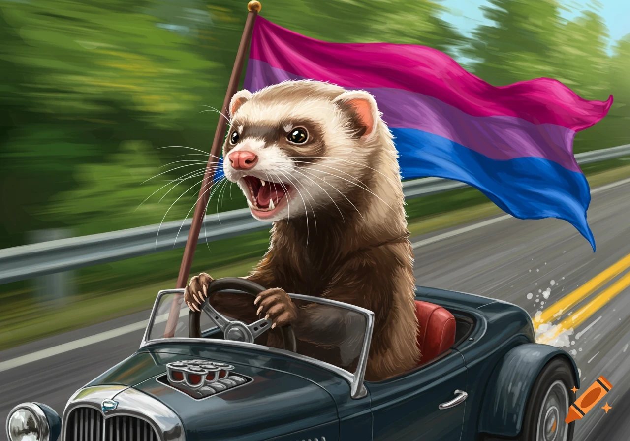 Angry ferret driving a dark blue classic car with a bisexual pride flag waving behind it on a road.