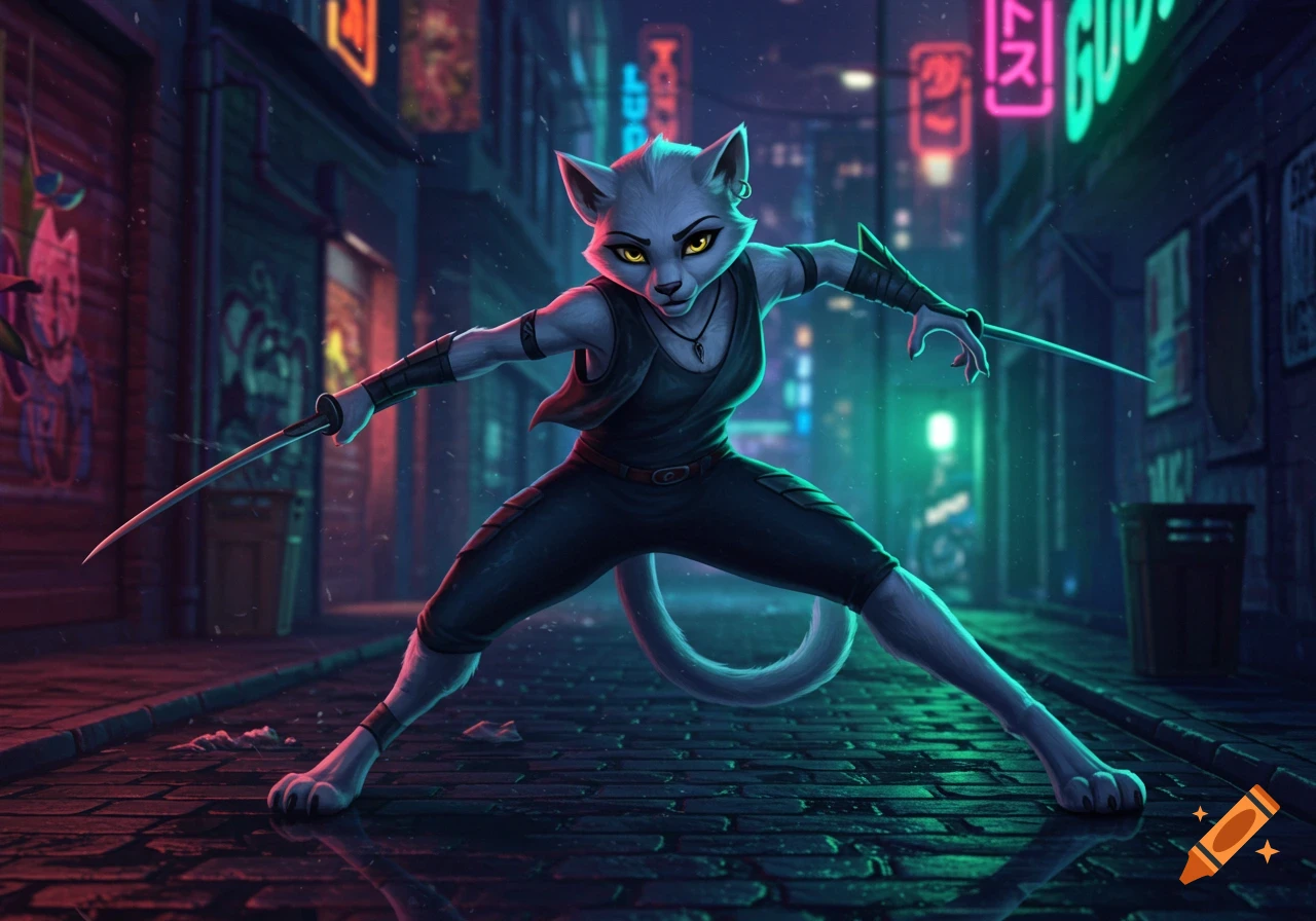 Alopex, an anthropomorphic white cat, stands in a wide stance holding two blades in a neon-lit, wet, cyberpunk alley.