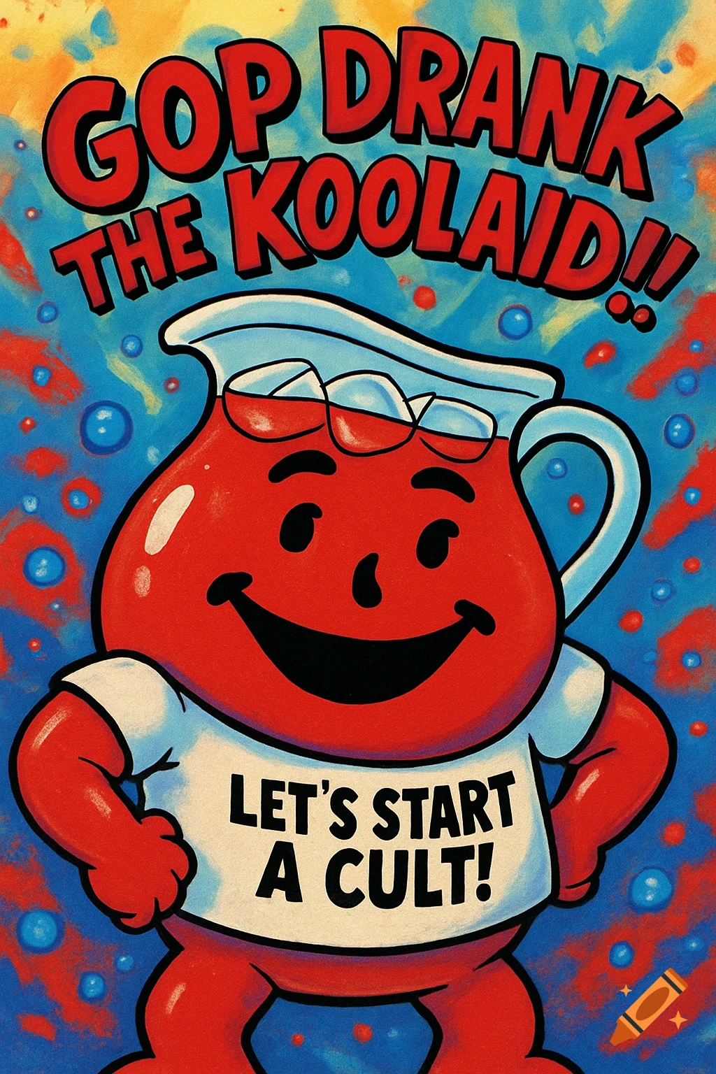 A red Kool-Aid Man character wearing glasses and a white t-shirt that reads "LET'S START A CULT!". Above him, red text says "GOP DRANK THE KOOLAID!!". The background is a vibrant mix of blue, red, and yellow splashes with bubbles.