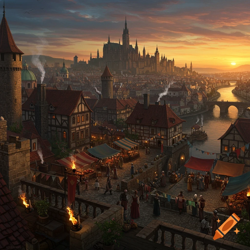 A vibrant painting of a bustling medieval city at sunset, with market stalls, a river, and a large castle on a hill.