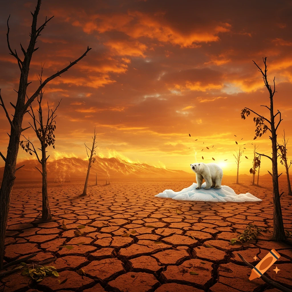 A polar bear stands on a small ice floe in a cracked desert with dead trees under a fiery orange sky, depicting global warming.
