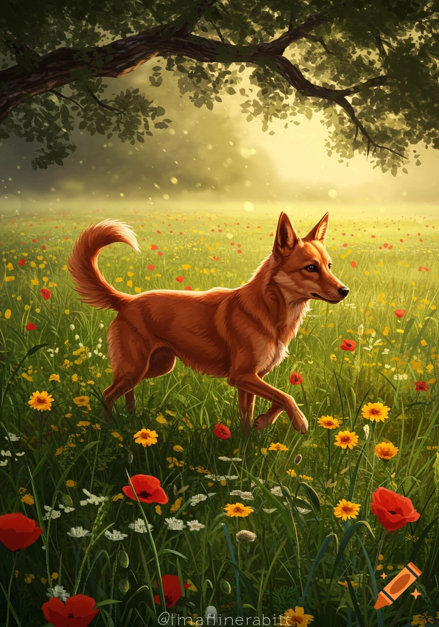 A reddish-brown dog walks through a vibrant field of green grass and colorful red and yellow wildflowers under a large tree.