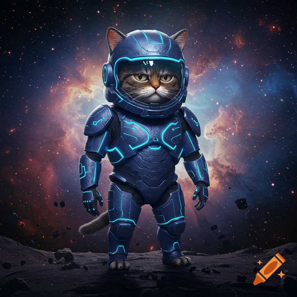 A brown tabby cat wearing a blue futuristic space marine armor and helmet, standing on a rocky planet surface with a nebula in the starry background.