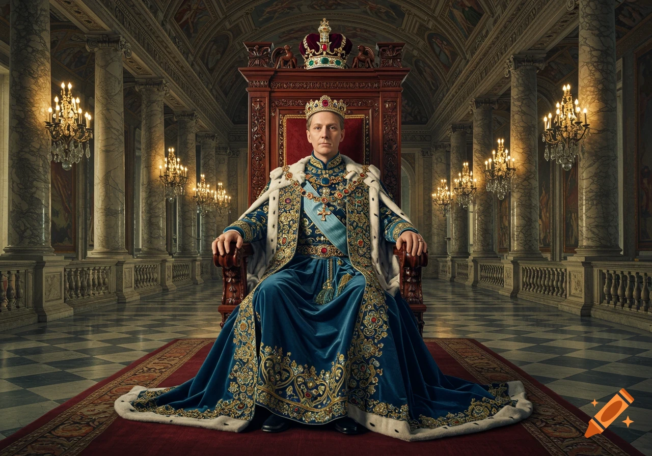 A man in a blue and gold royal robe, crown, and fur cape sits on a grand wooden throne in a opulent palace hall with marble columns and chandeliers.