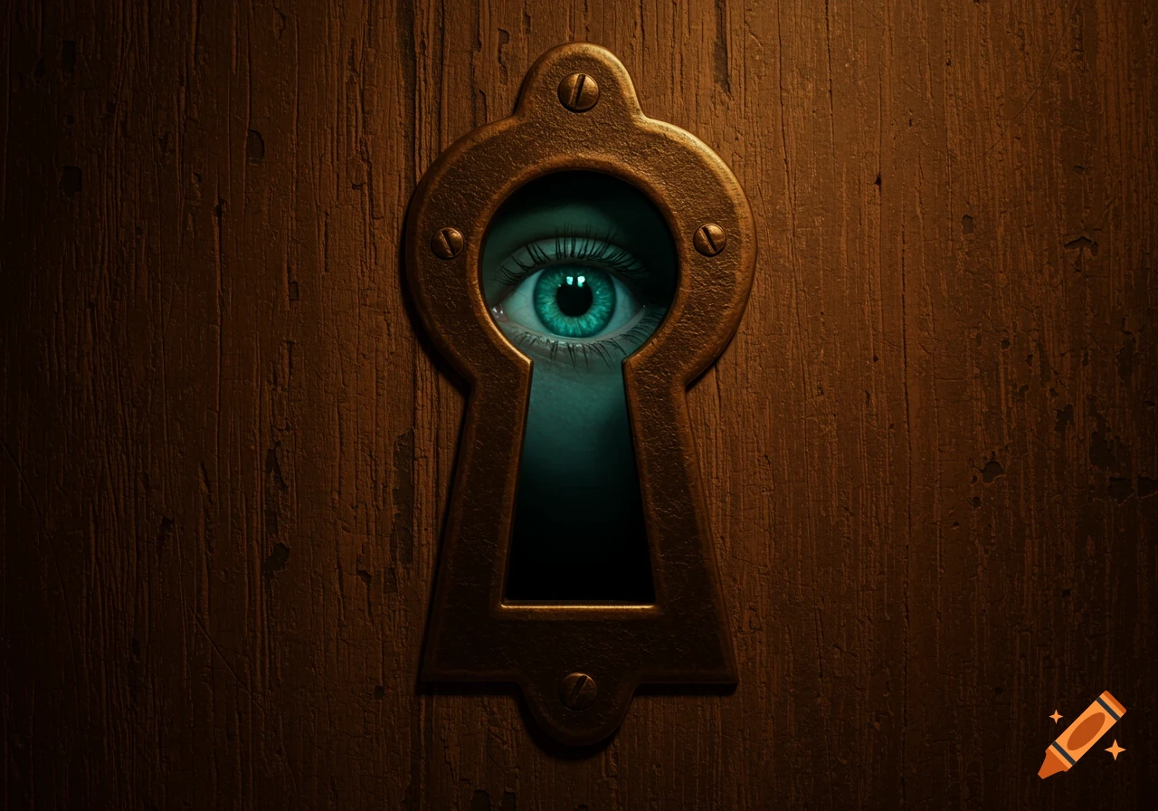 A close-up of an old wooden door with a brass keyhole, through which a vibrant greenish-blue eye is peeking.