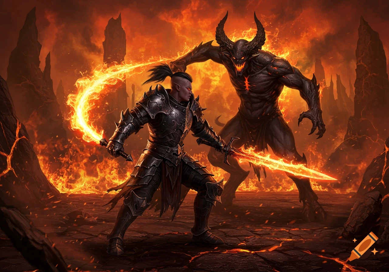 A demon hunter in dark armor with fiery swords battles a horned demon in a hellish landscape.