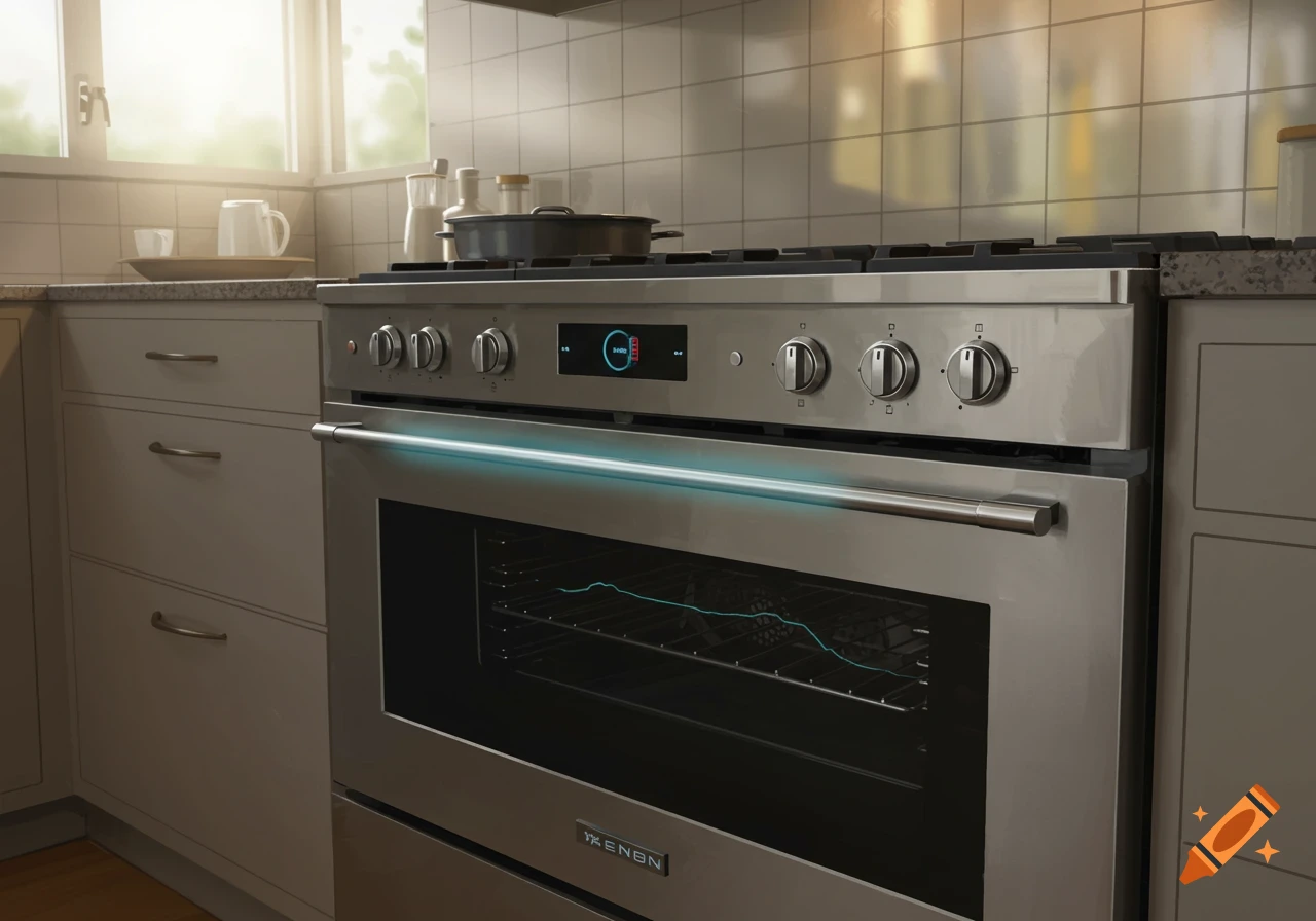 A modern stainless steel oven and stovetop in a kitchen, with a blue glowing light across the oven handle and a digital display.