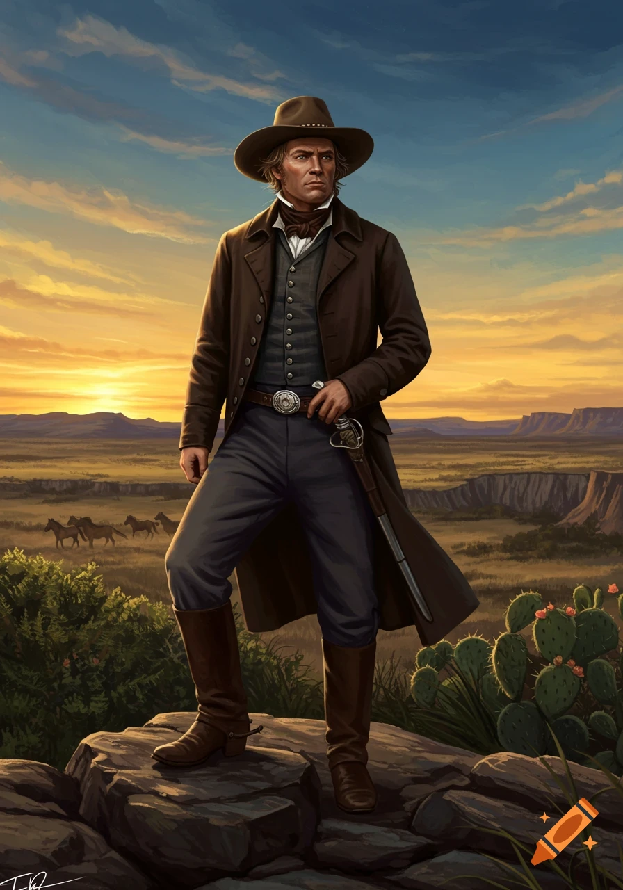 An illustration of a man resembling Moses Austin in 19th-century western attire standing on rocks, overlooking a vast landscape at sunset.