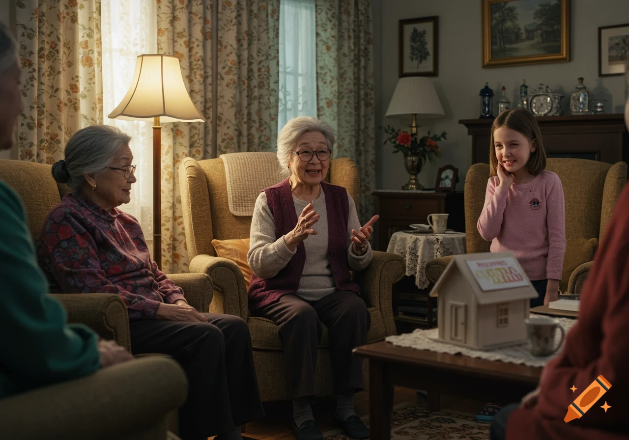A smiling elderly woman with grey hair and glasses explains something to a group of grandmothers, while a young girl stands looking embarrassed. A small model house is on the coffee table in a cozy living room.