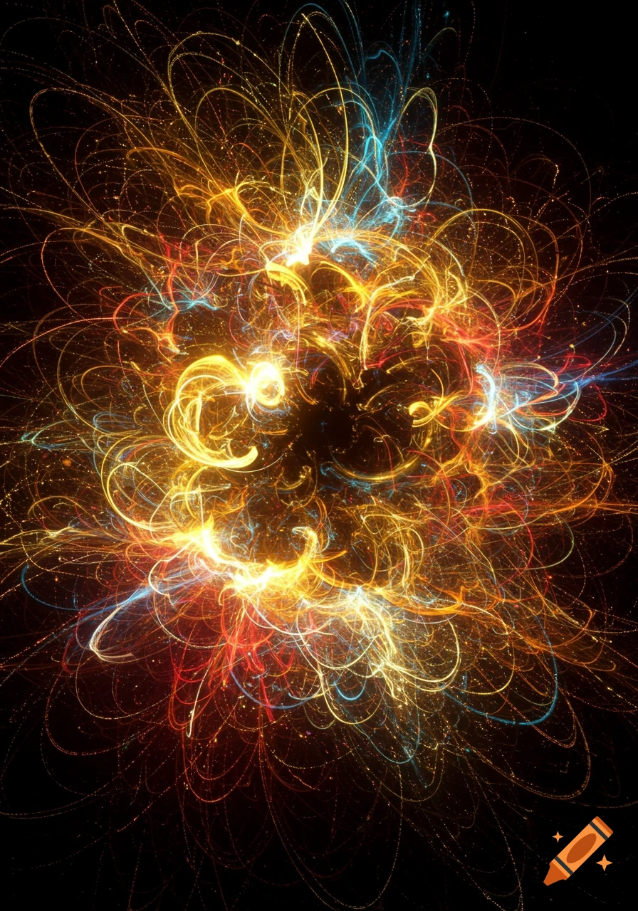 An abstract burst of swirling golden, red, and blue light trails on a dark background.
