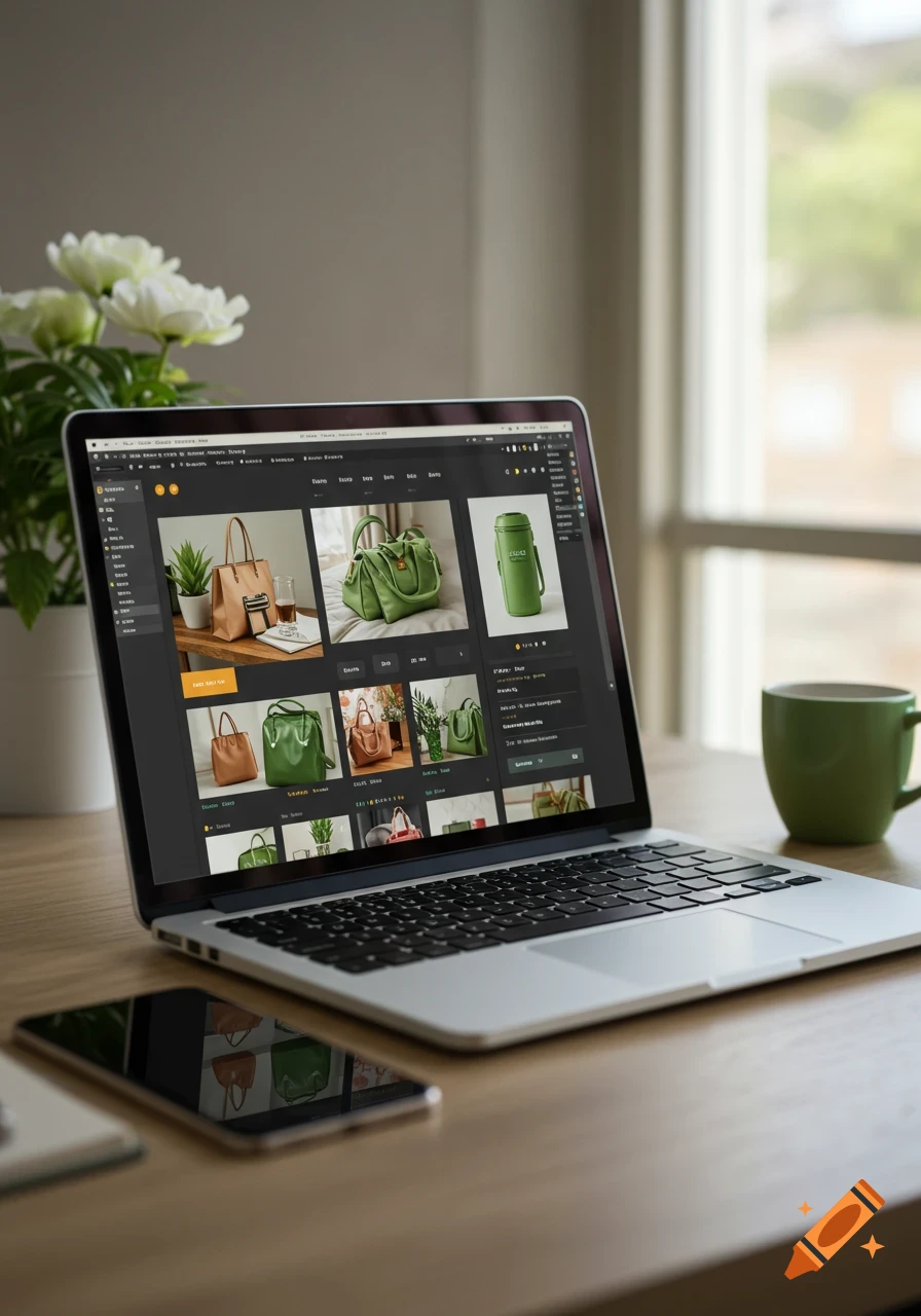 A laptop displays an e-commerce website with handbags and a thermos on a wooden desk with a phone, plant, and mug.