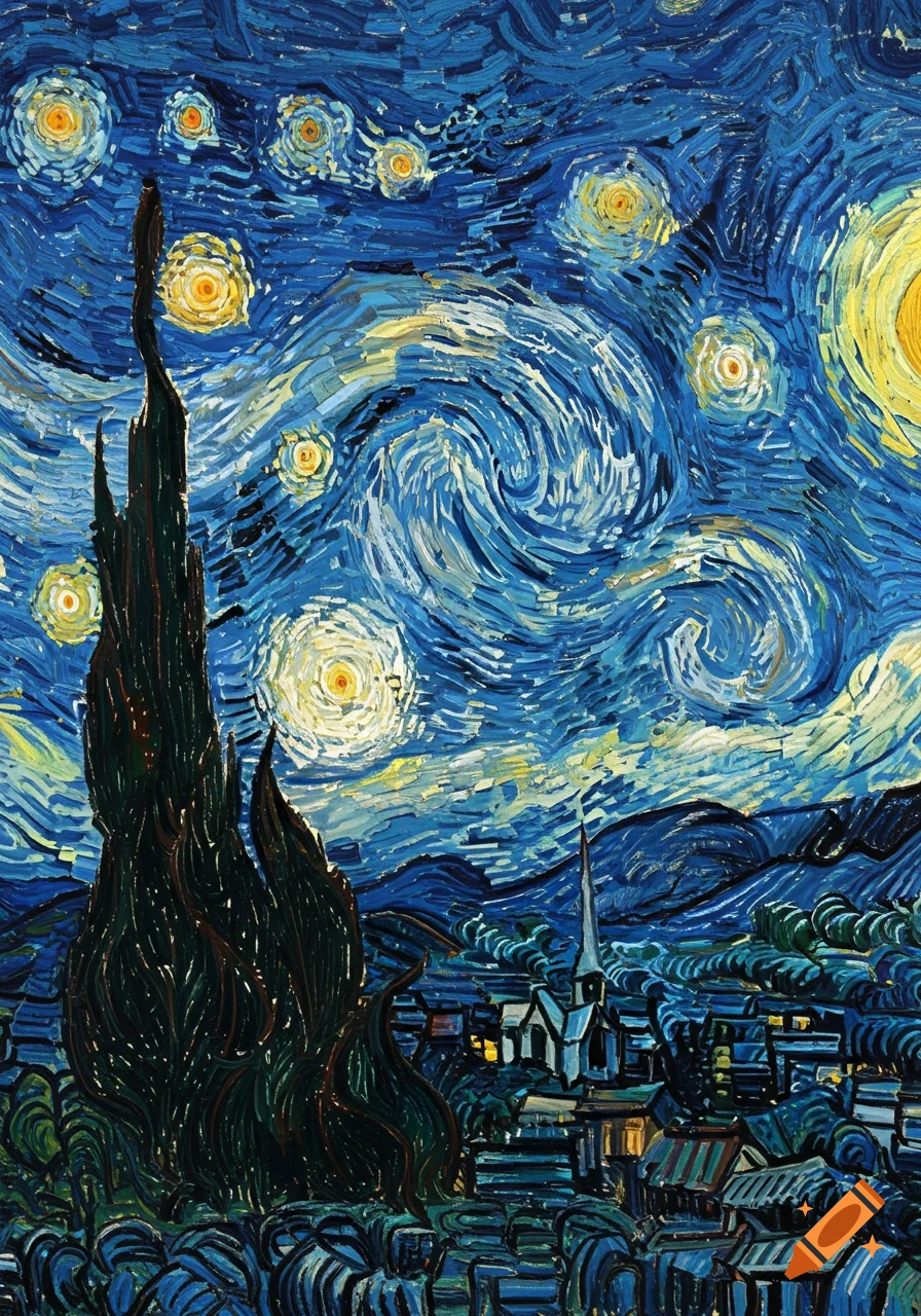 A stylized painting of Van Gogh's Starry Night, featuring a dark cypress tree, a swirling blue night sky with bright yellow stars, and a small town below.
